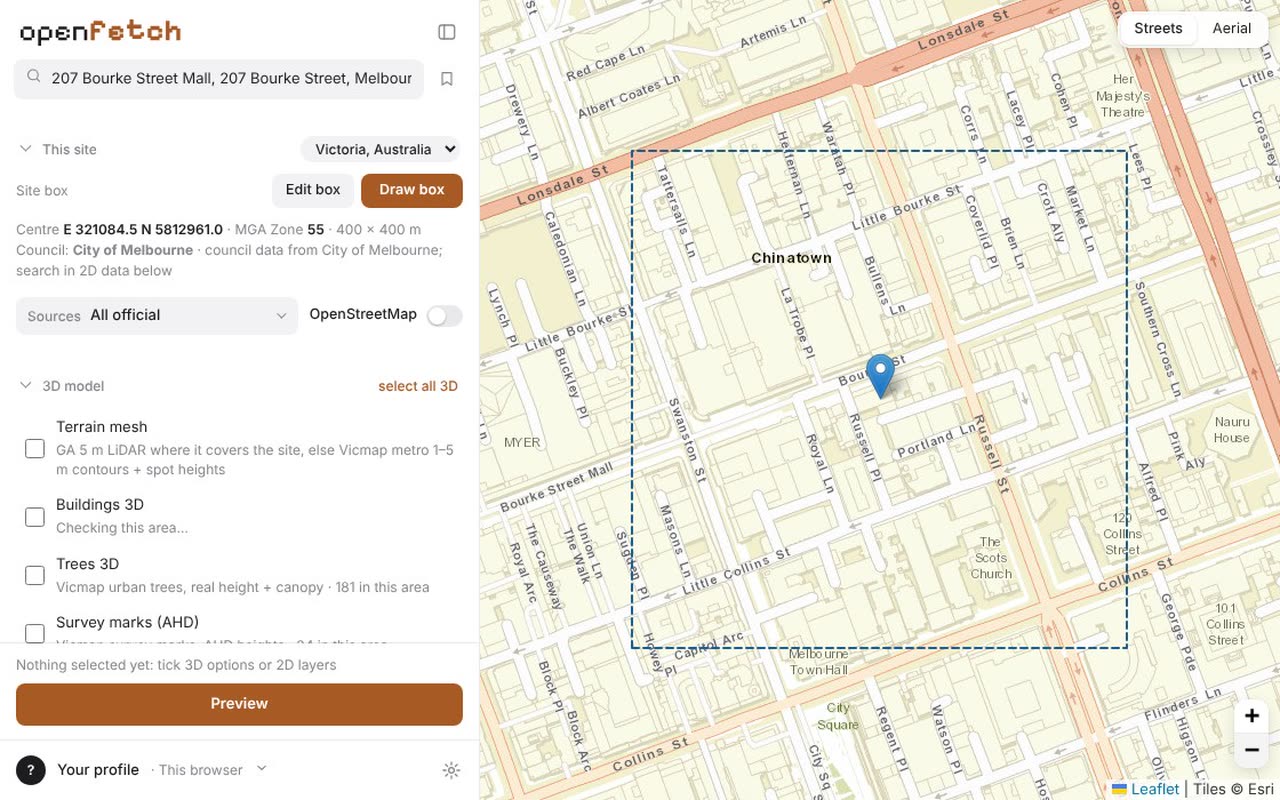 Typing an address in OpenFetch; the map flies to the site and a site box appears